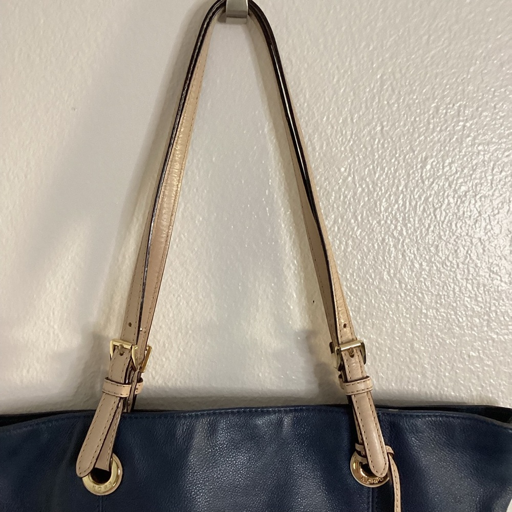 Michael Kors Navy Leather Tote with Tan Straps and Gold Charm - Picture 4 of 11
